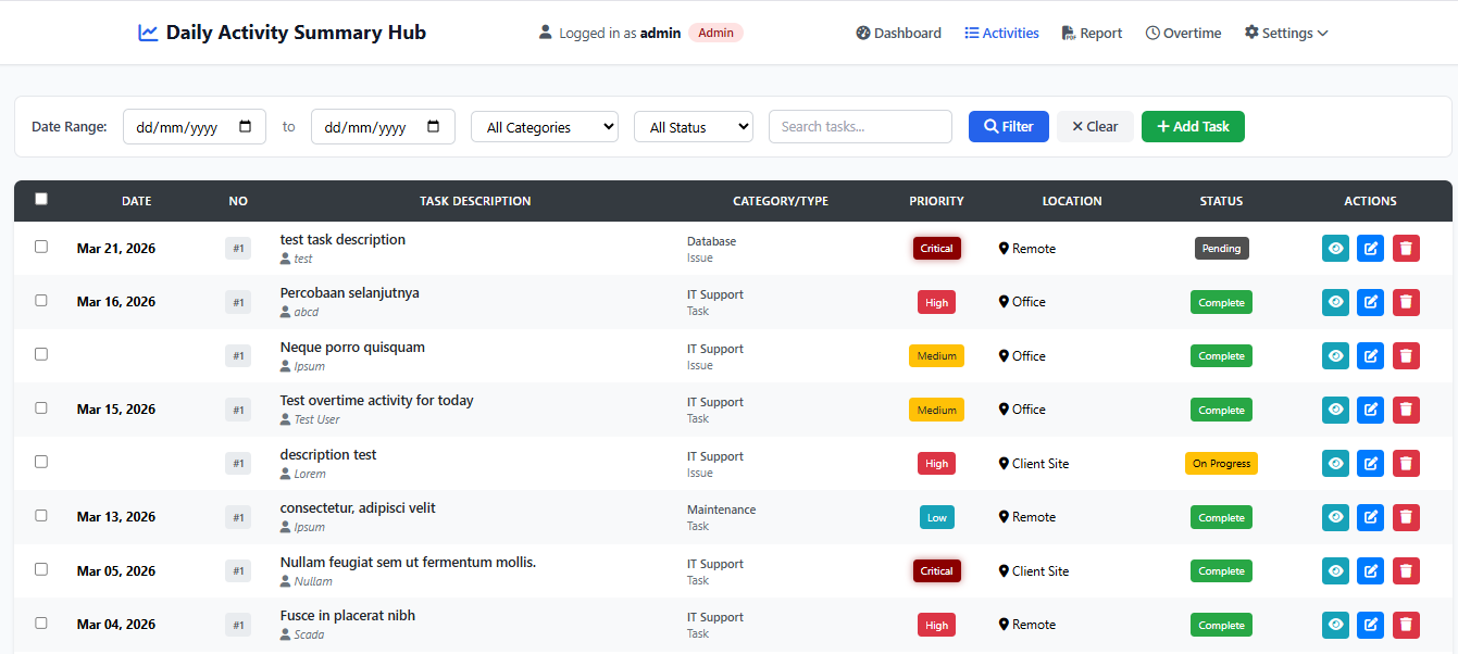 Daily Activity Summary Hub